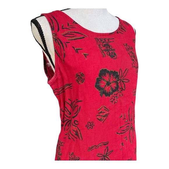 Vintage Dressing Clio Red Linen Sleeveless Maxi Dress M Made in USA Tropical Flo - Picture 2 of 6